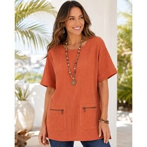 Soft Surroundings Mirage Tunic Baked Clay Muslin Top Zip Pocket Cotton Gauze S